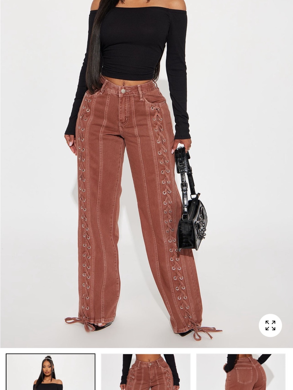 Fashion Nova Rust Lace-Up Wide Leg Jeans